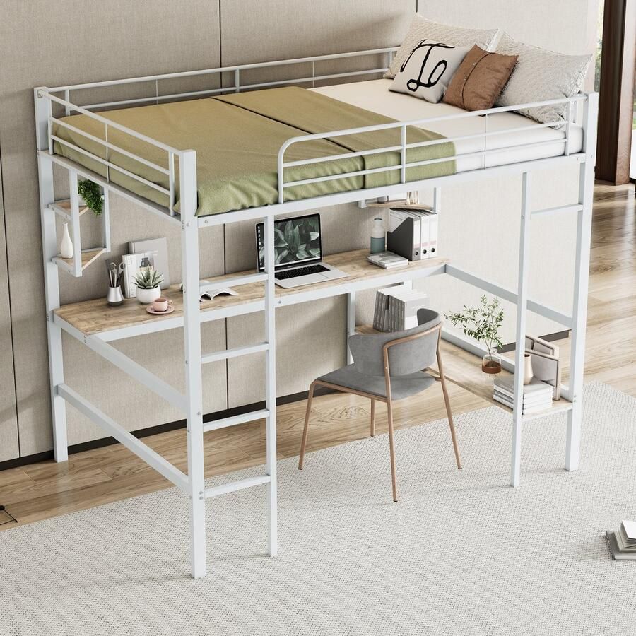 Sweiko Hoogslaper 140x200 cm bureau en planken metalen bedframe zonder matras wit