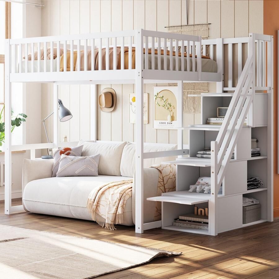 Sweiko Hoogslaper 140x200 cm Opbergladder Massief grenen Zonder bank Zonder matras Wit