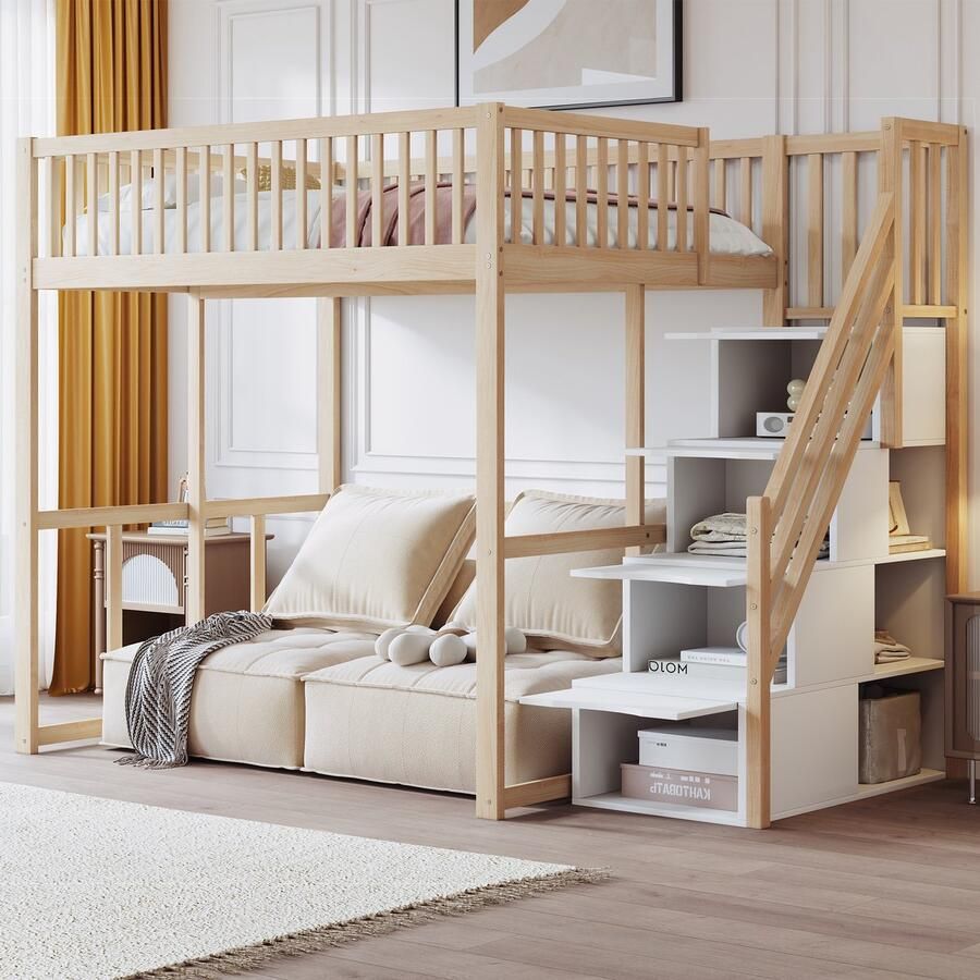 Sweiko Hoogslaper 140x200 cm Opbergladder Massief grenen Zonder bank Zonder matras Wit + Natuurlijk