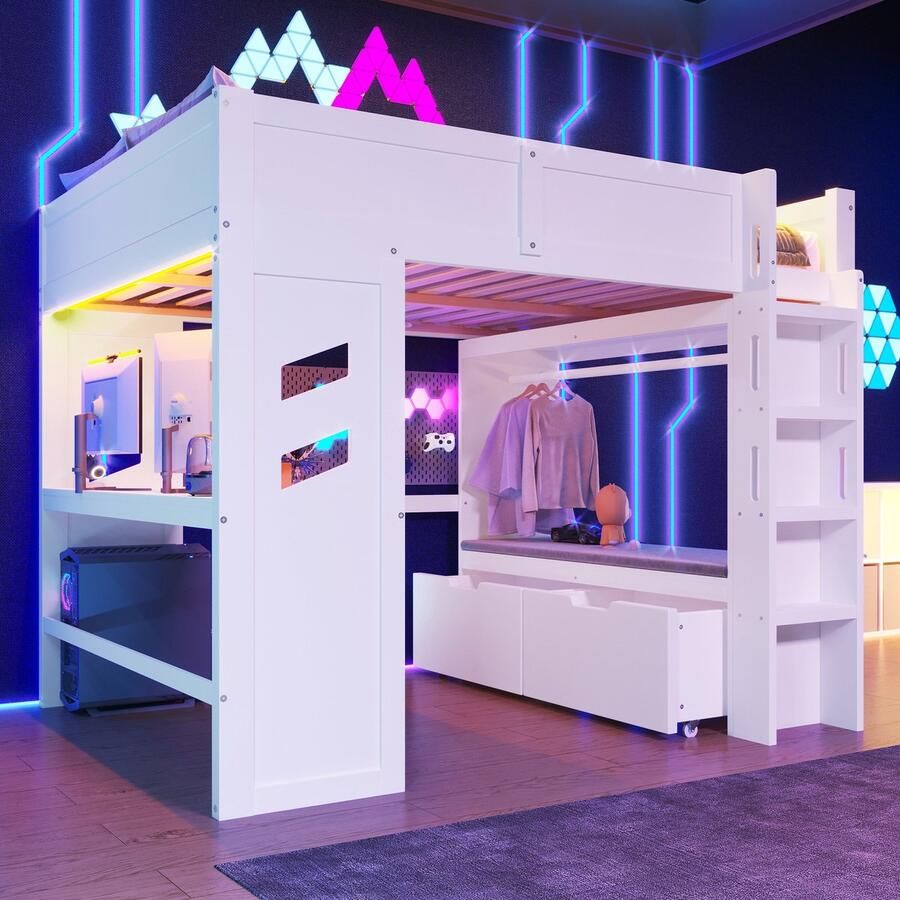 Sweiko Hoogslaper 140x200cm Met bureau LED-verlichting USB Type-C Lades Kledingrek Wit