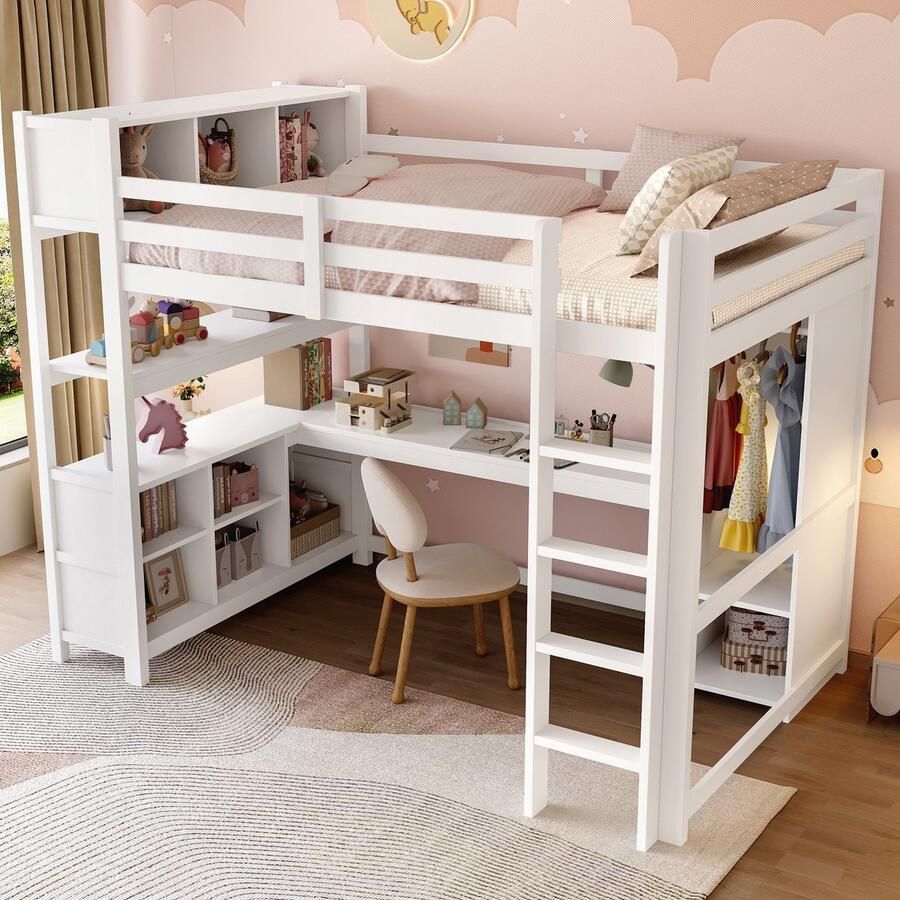 Sweiko Hoogslaper 140x200cm Opbergplank Met bureau Kledingkast Wit