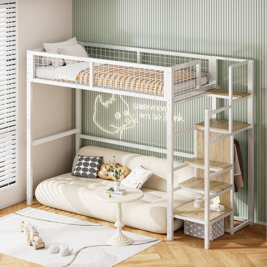 Sweiko Hoogslaper kinderbed met ladder kleerkast en opbergplanken 90*200cm Wit+natuurlijk (zonder stoel)