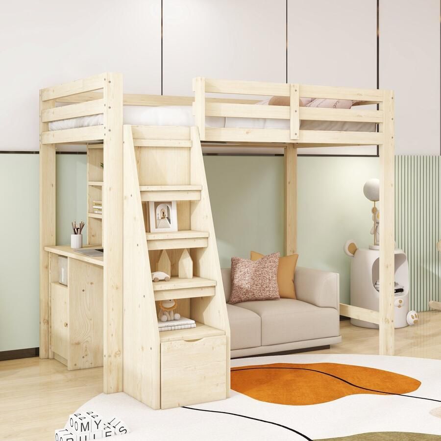 Sweiko Hoogslaper 90 x 200 cm met Bureau Boekenrek Lades Natuurlijke (zonder bank)