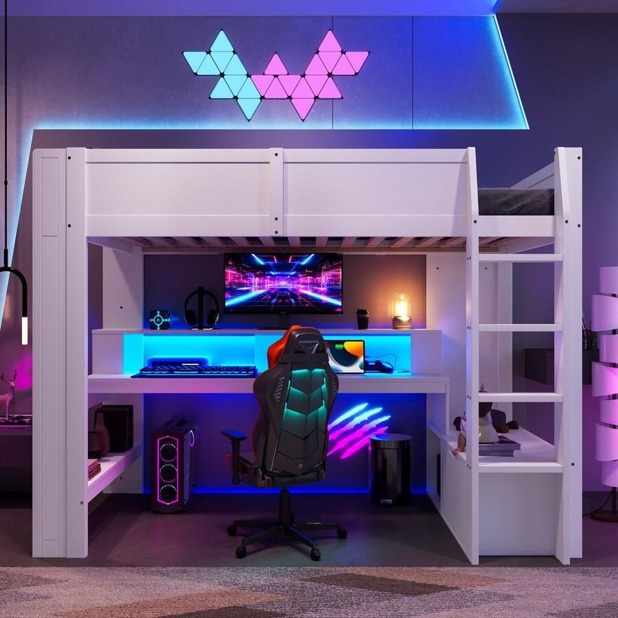 Sweiko Hoogslaper 90 x 200 cm met Bureau LED verlichting Lade Wit