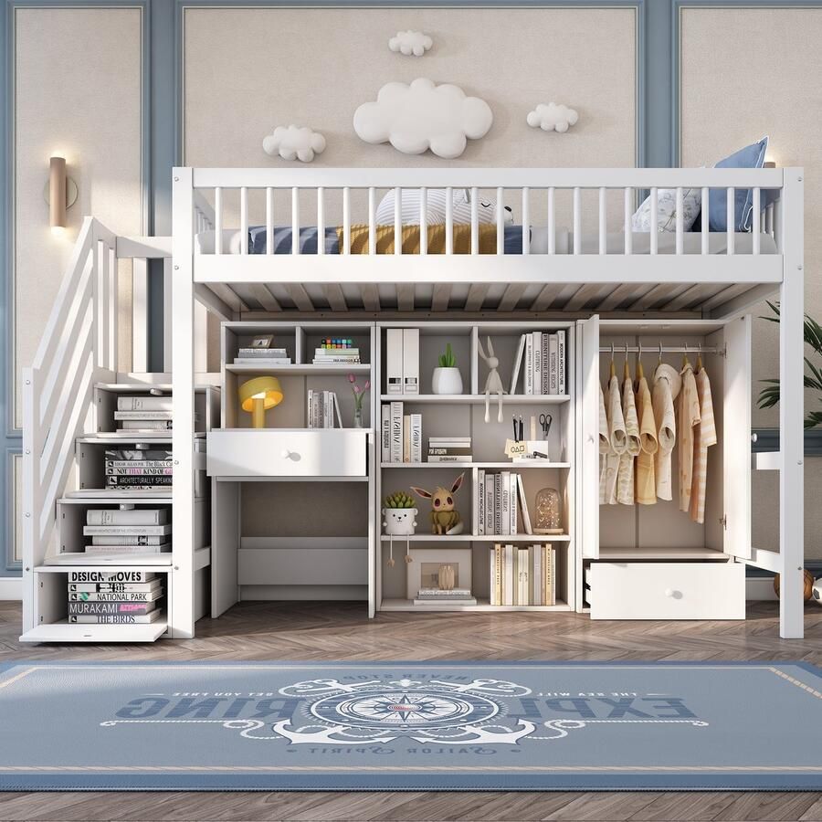Sweiko Kinderbed Eenpersoonsbed Multifunctioneel kinderbedje Met bureau trap kluisjes kledingkast zonder matras massief hout Wit 90*200cm - Foto 2