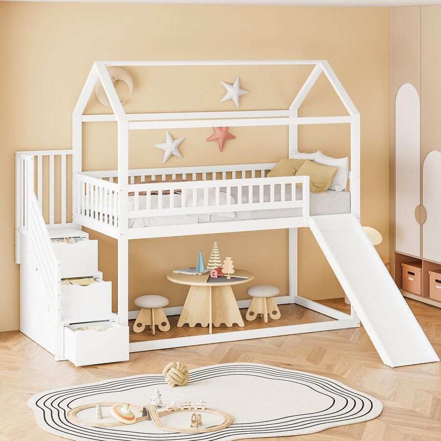 Sweiko Hoogslaper 90 x 200 cm Met glijbaan Opbergruimte Houten kinderbed Wit