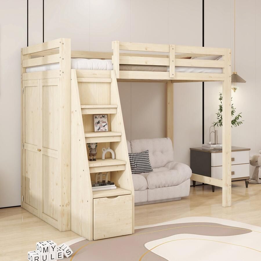 Sweiko Hoogslaper 90*200cm Opbergruimte Kledingkast Massief houten frame Natuurlijke