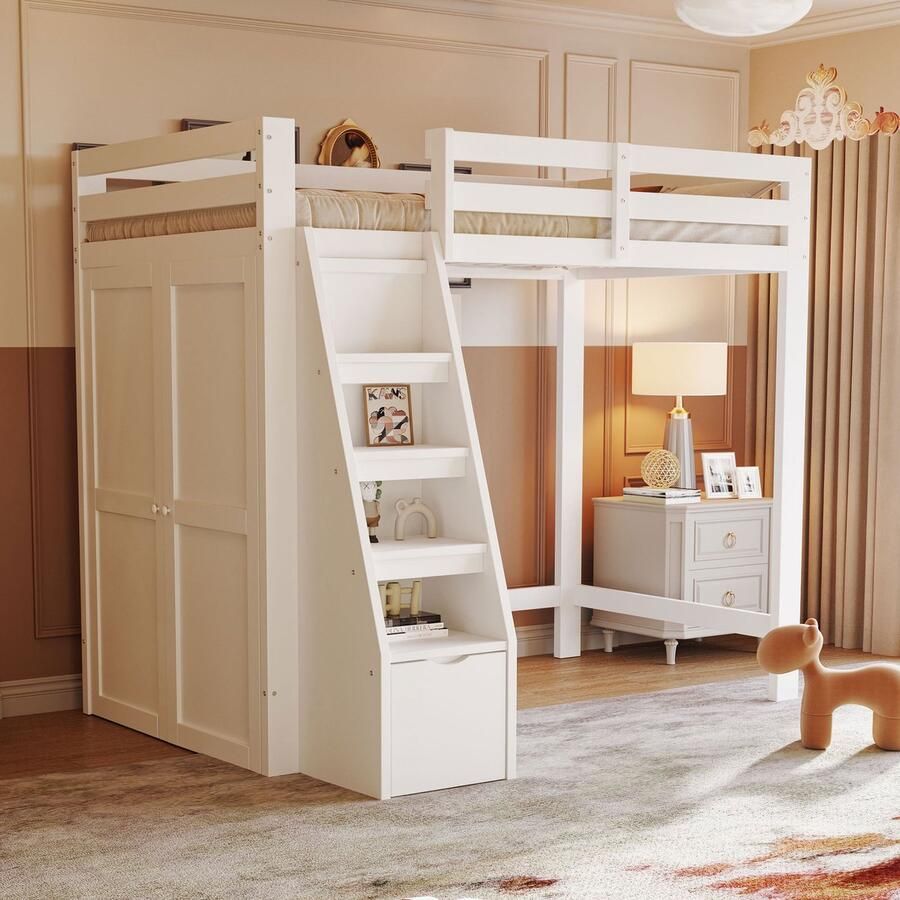 Sweiko Hoogslaper 90 x 200 cm met Kledingkast Lades Wit (zonder bank)