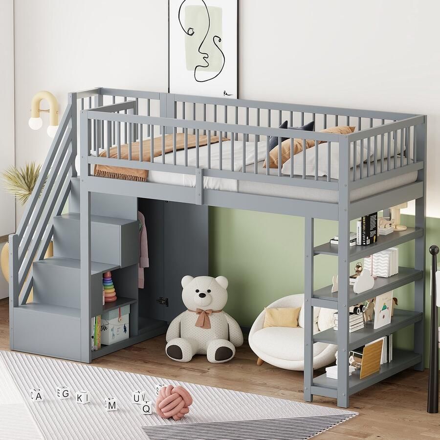 Sweiko Hoogslaper 90 x 200 cm met Kledingkast Opbergplank Houten kinderbed Grijs