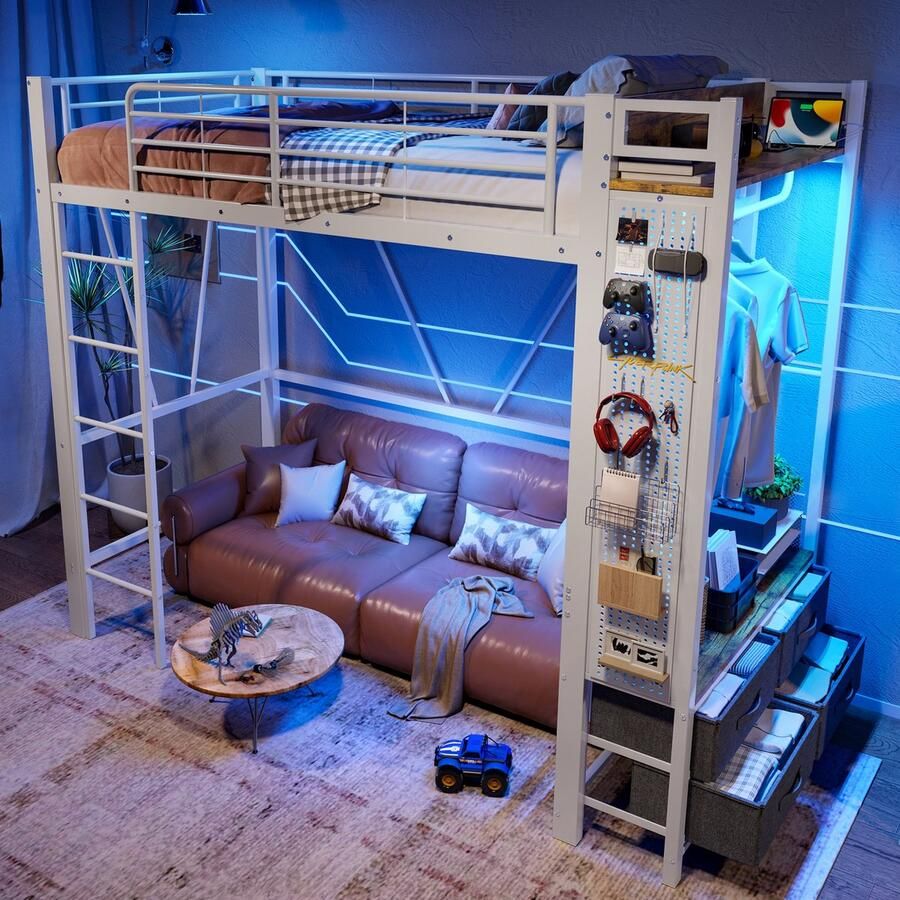 Sweiko Hoogslaper 90 x 200 cm Met kledingstang 4 lades USB Type-C LED-verlichting Wit (zonder bank)