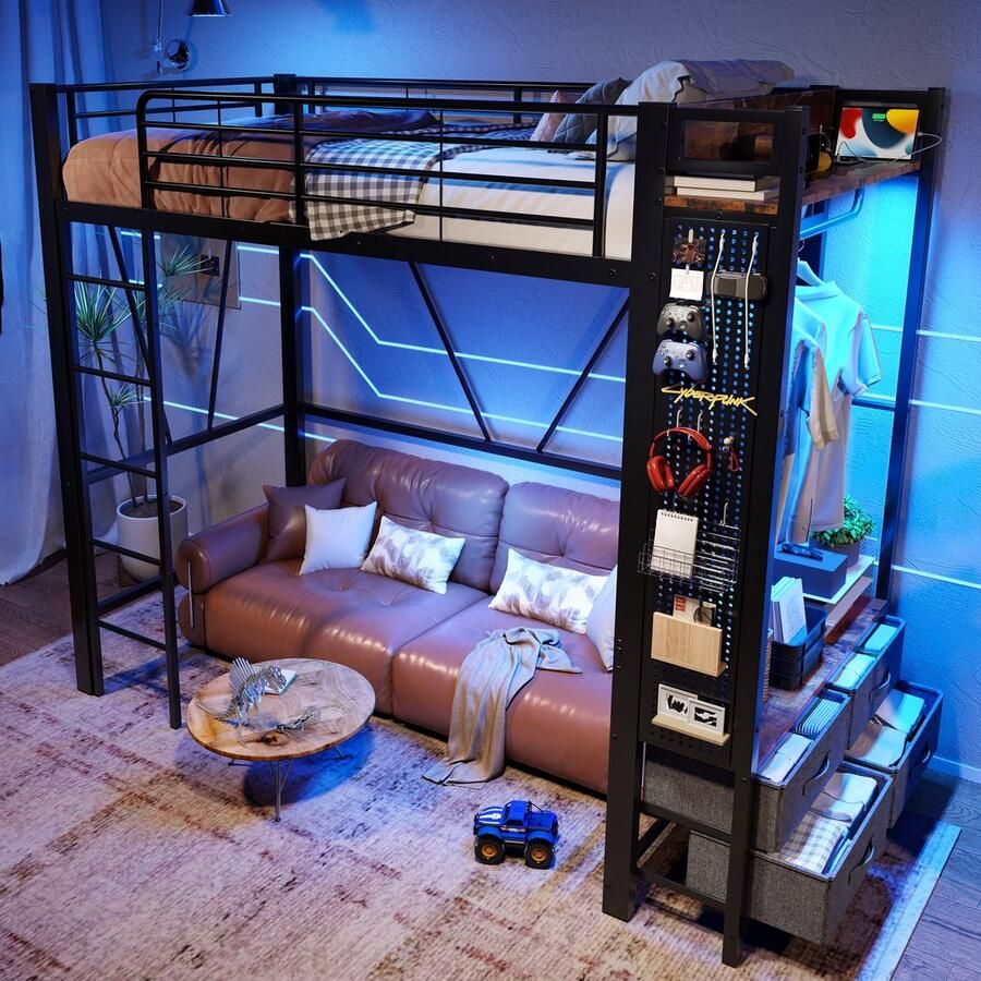 Sweiko Hoogslaper 90 x 200 cm Met kledingstang 4 lades USB Type-C LED-verlichting Zwart (zonder bank)