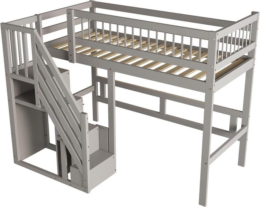 Sweiko Hoogslaper 90 x 200 cm Met opbergruimte Houten kinderbed Grijs