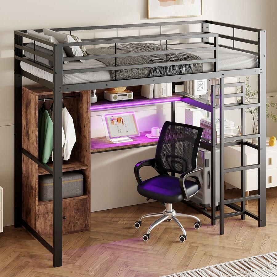 Merax Hoogslaper 90 x 200 cm metalen bed met LED-verlichting bureau 1 lade plank leuning trap zonder matras zwart