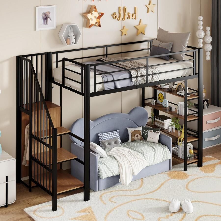 Sweiko Hoogslaper 90 x 200 cm Open kledingkast Opbergrek Zwart (zonder bank)