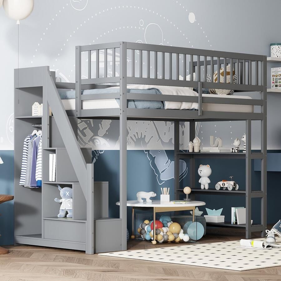 Sweiko Hoogslaper 90 x 200 Hoge Veiligheidsuitvoering met Kledingkast Legplanken en opbergruimte met veilige klimladder multifunctioneel houten bed kinderbed eenpersoonsbed Grijs (geen matras)