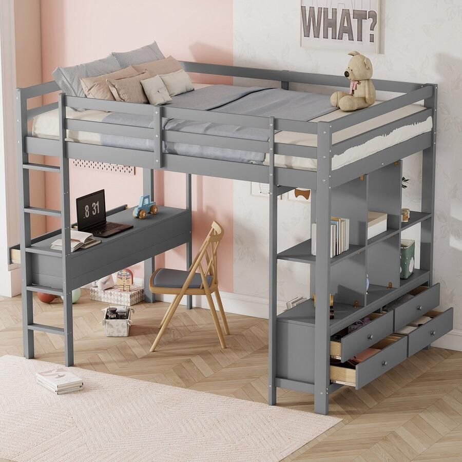 Sweiko Kinderbed Hoogslaper Kinderloft bed met Bedbureau met opbergrek en lades 140 x 200cm Grijs (Zonder stoelen)
