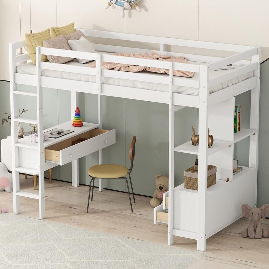 Sweiko Kinderbed Hoogslaper Kinderloft bed met Bedbureau met opbergrek en lades 90 x 200cm Wit (Zonder stoelen)