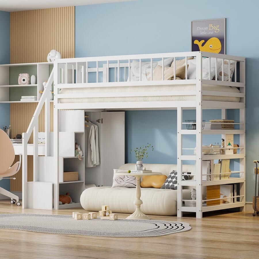 Sweiko Hoogslaper 90 x 200cm hooghekveilig ontwerp met kledingkast planken en opbergruimte met veiligheidsklimladder multifunctioneel bed massief houten bed Wit