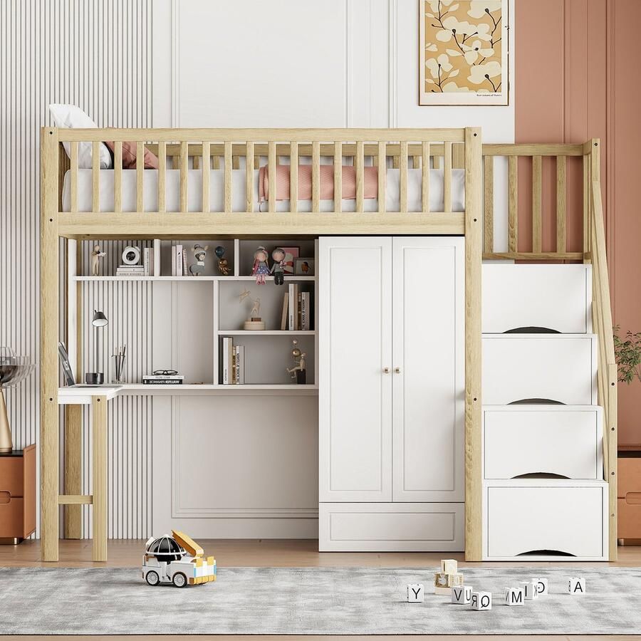 Sweiko Hoogslaper 90 x 200cm kleerkast + planken + bureau + opbergladder zonder matras en stoel wit+natuurlijk