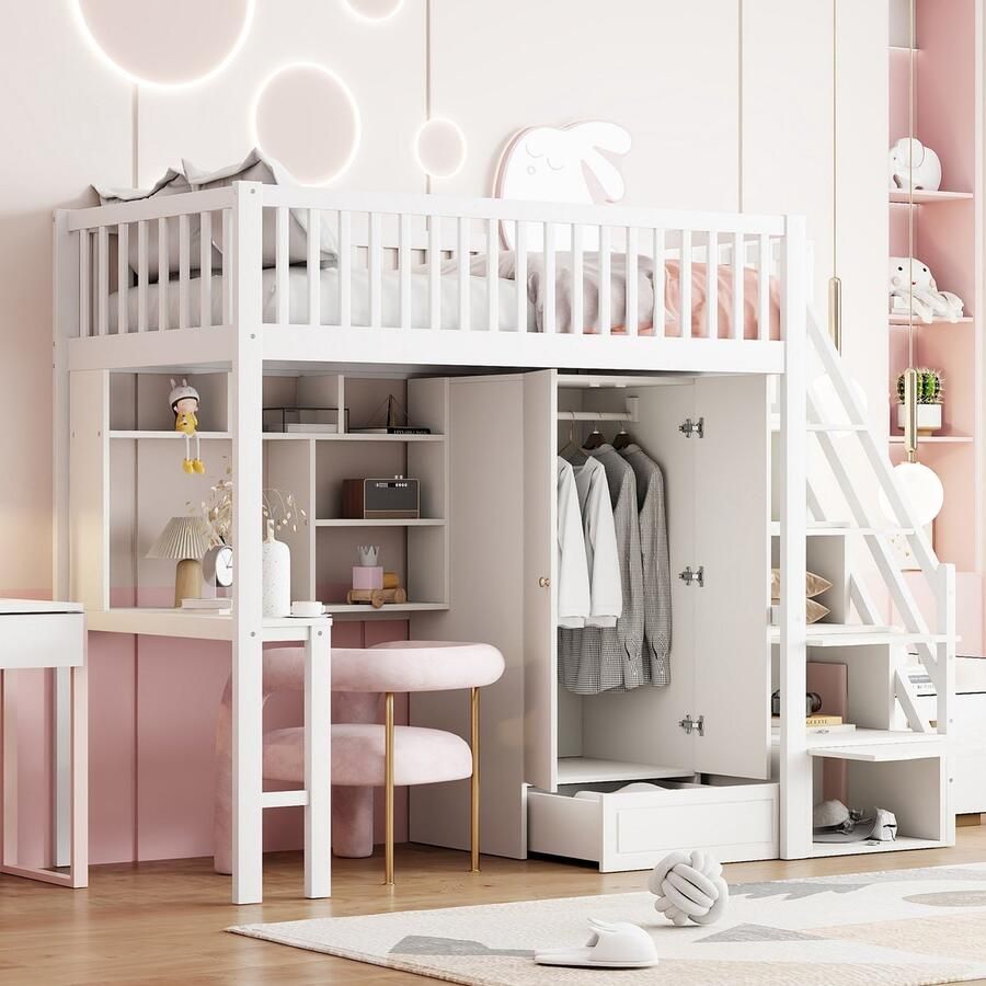 Sweiko Hoogslaper 90 x 200cm kleerkast + planken + bureau + opbergladder zonder matras en stoel wit