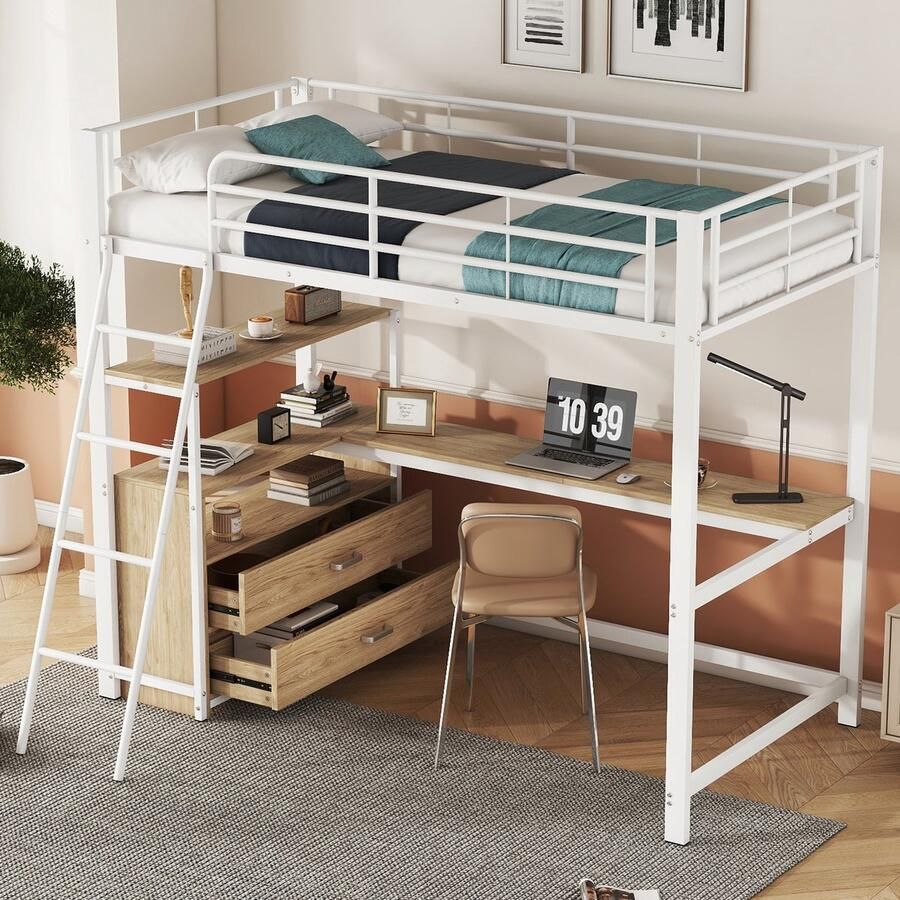 Sweiko Hoogslaper 90*200 cm bureau en legplank met laden metalen bedframe zonder matras wit