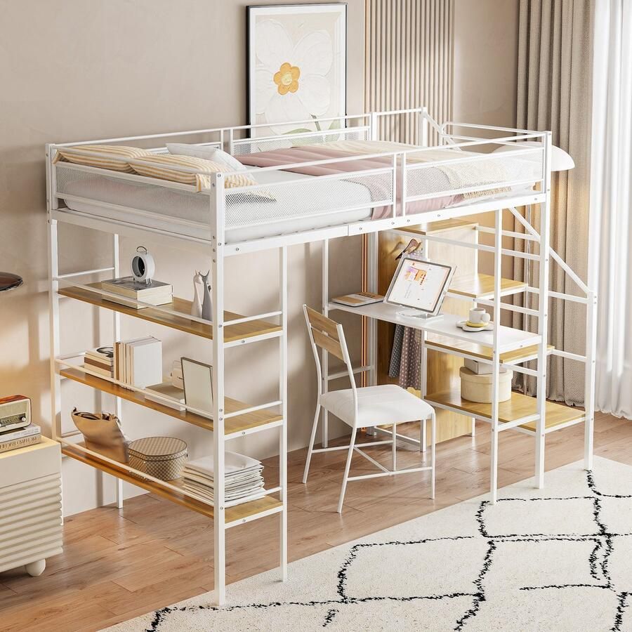 Sweiko Hoogslaper 90*200 cm met drie opbergplanken bureau kleerkast bed met ijzeren frame eenpersoonsbed wit