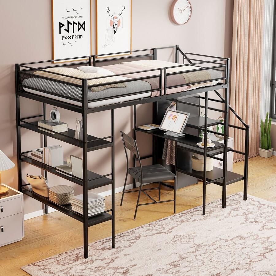 Sweiko Hoogslaper 90*200 cm met drie opbergplanken bureau kleerkast bed met ijzeren frame eenpersoonsbed zwart