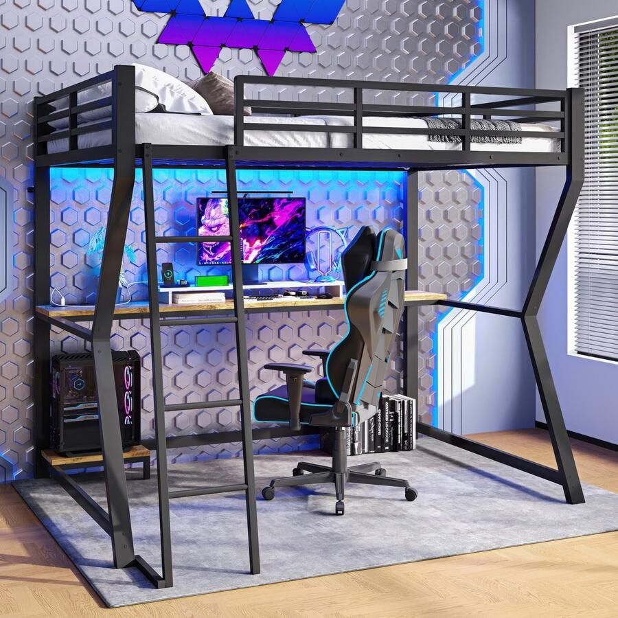 Sweiko Hoogslaper 90*200 cm met LED verlichting Computerstandaard Bureau + USB aansluiting Zonder matras Zwart