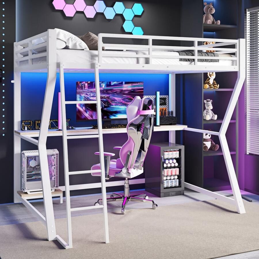 Sweiko Hoogslaper 90*200 cm met LED verlichting Computerstandaard Bureau + USB aansluiting Zonder matras Wit