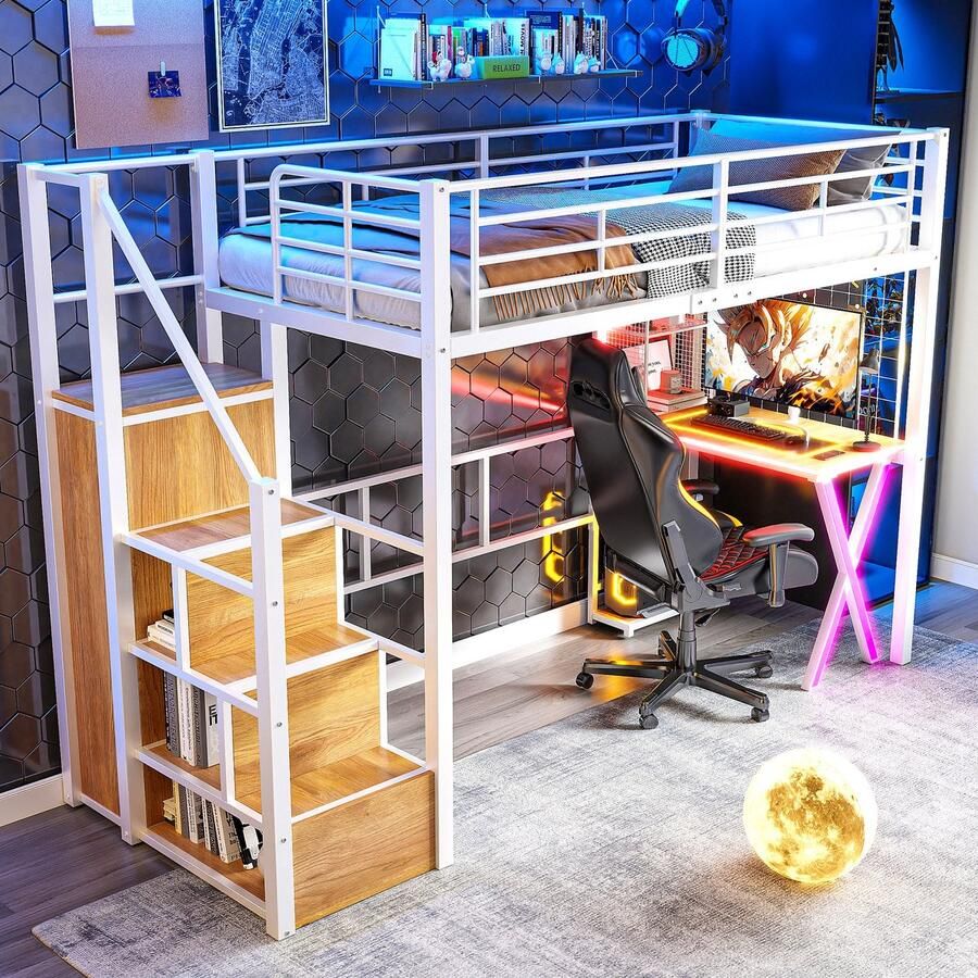 Sweiko Hoogslaper 90*200 cm met LED verlichting Opbergladder + bureau + kleerkast + legplanken Zonder matras Wit