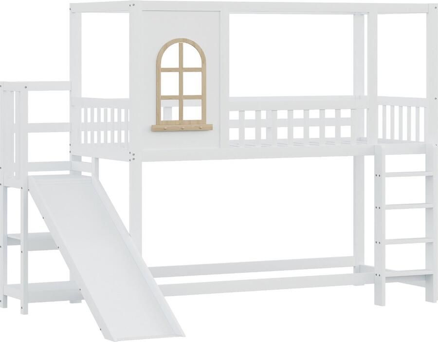 Sweiko Stapelbed kinderbed 90*200 cm huisbed met raam valbeveiliging met glijbaan en plank wit