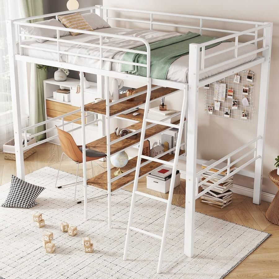 Sweiko Hoogslaper 90*200 cm Metalen bed Zonder matras Bureau + plank Wit