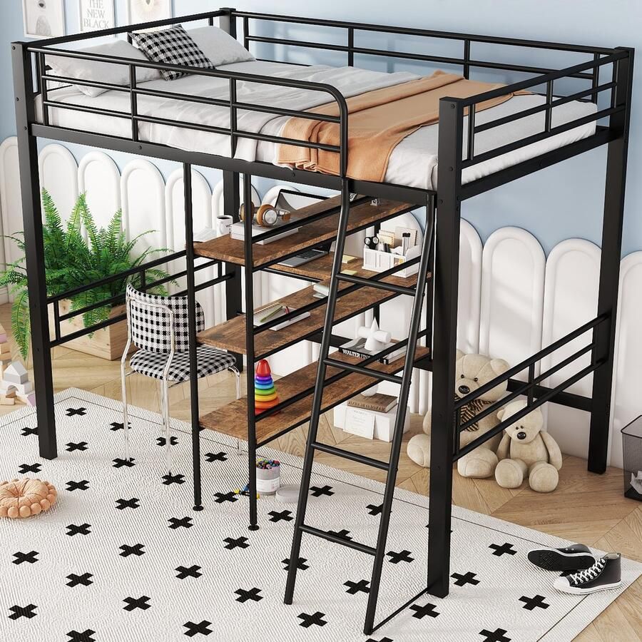 Sweiko Hoogslaper 90*200 cm Metalen bed Zonder matras Bureau + plank Zwart