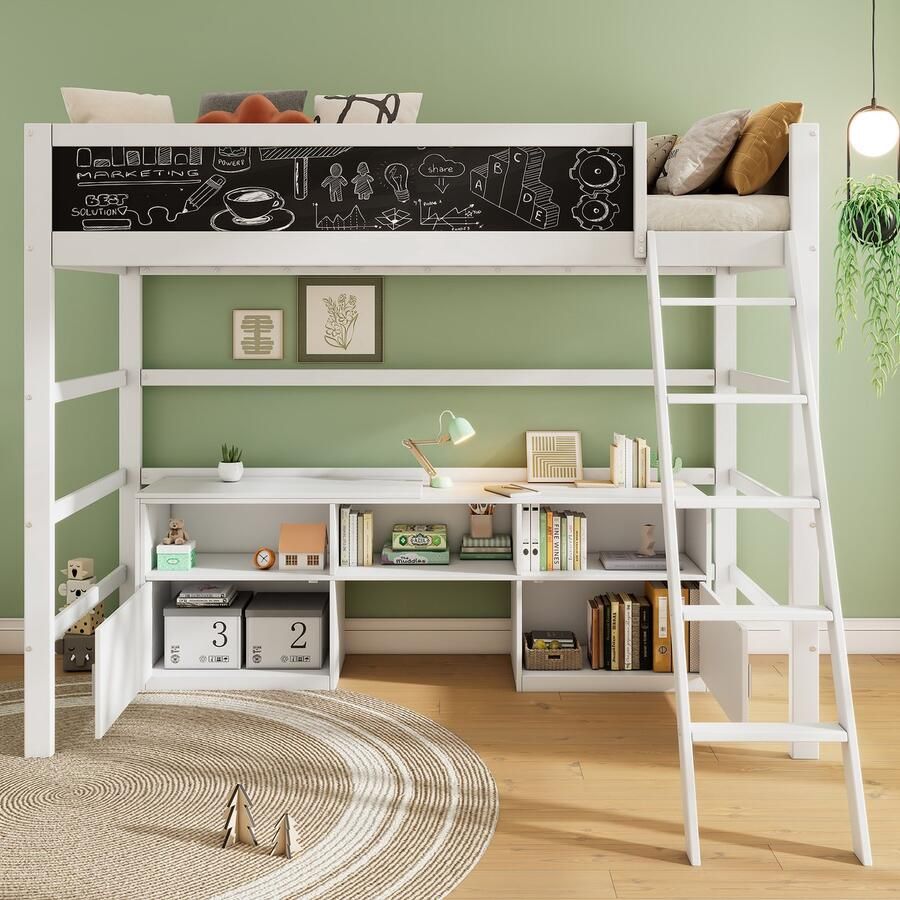 Sweiko Hoogslaper 90*200 cm Tafel + Graffiti bord + opbergkast Zonder matras Wit