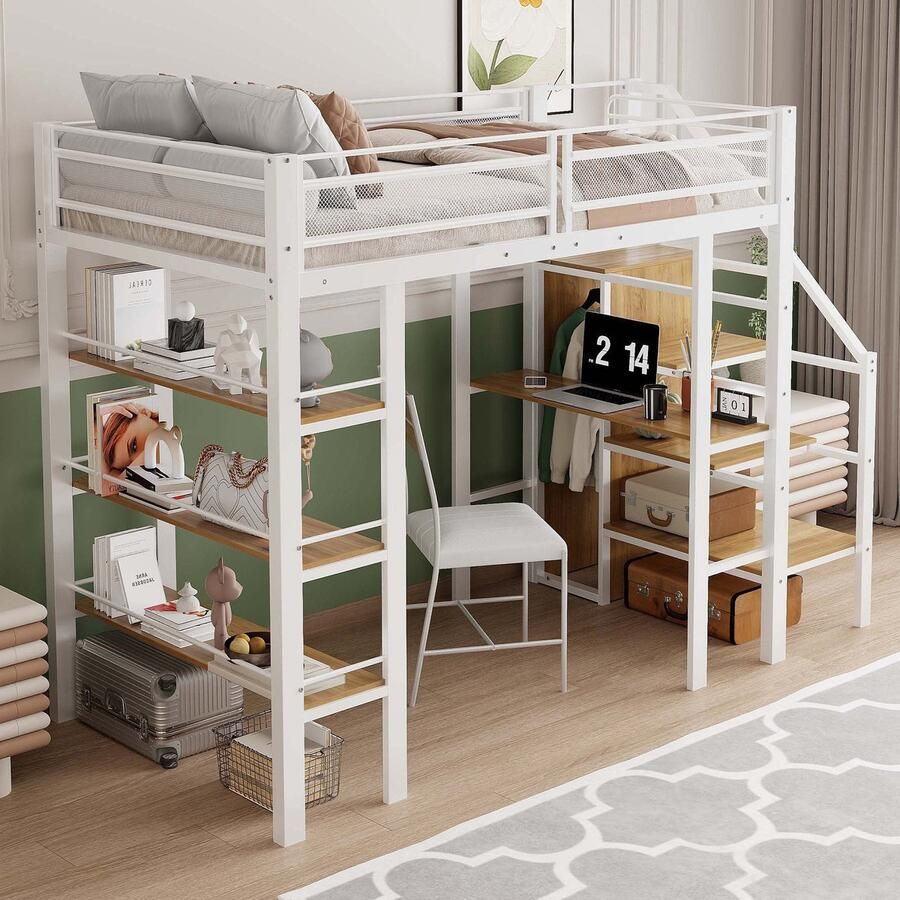 Sweiko Hoogslaper 90*200cm 3 opbergplanken Bureau + kleerkast IJzeren bed Wit