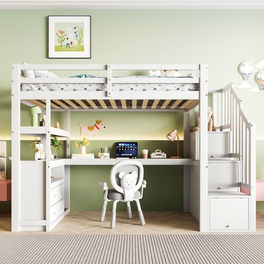 Sweiko Kinderbed 90*200cm Hoogslaper Bed en Bureau Opbergladder 2 Laden Wit(Geen stoelen)