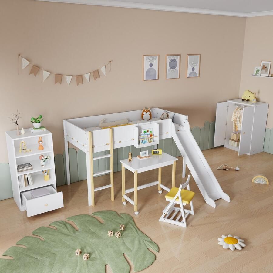 Sweiko Hoogslaper 90*200cm Kledingkast + boekenplank + tafel Den + MDF Wit + Natuurlijk