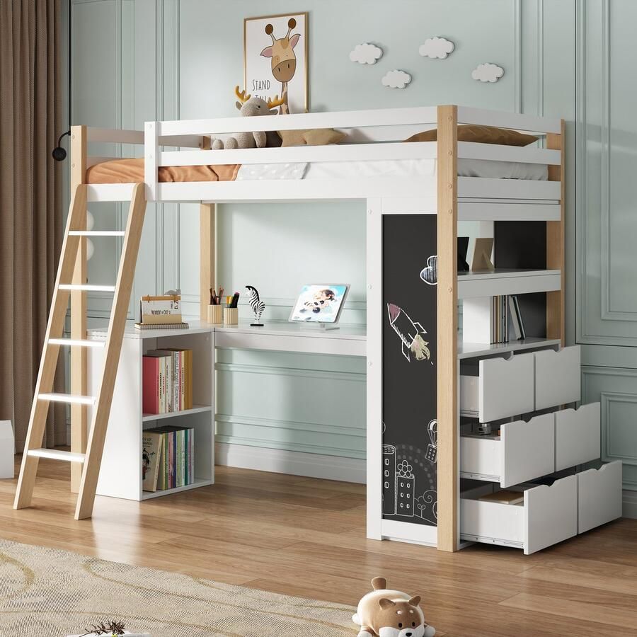 Sweiko Hoogslaper 90*200cm met Ladder + Bureau + Opbergvak + Laden + Planken Wit + naturel