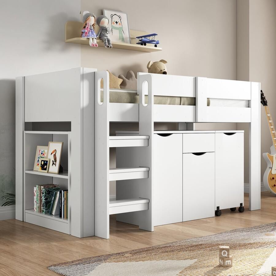 Sweiko Hoogslaper 90*200cm Telescopisch bureau Kleerkast Laden Stoel zonder matras Wit