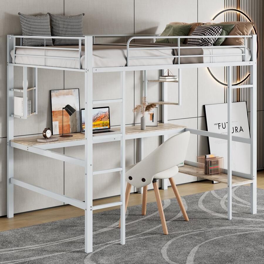 Sweiko Hoogslaper 90x200 cm bureau en planken metalen bedframe zonder matras wit