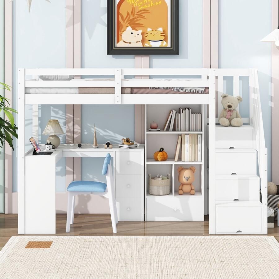 Sweiko Hoogslaper 90x200 cm Bureau + laden + opbergruimte zonder matras Wit