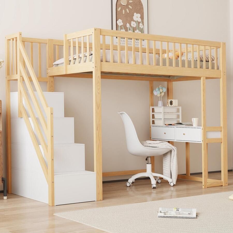 Sweiko Hoogslaper 90x200 cm met Bureau Opbergladder Grenen bedframe Natuurlijk