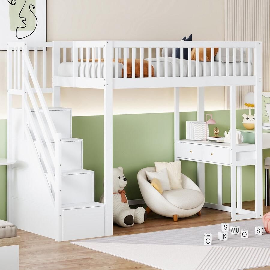 Sweiko Hoogslaper 90x200 cm met Bureau Opbergladder Grenen bedframe Wit