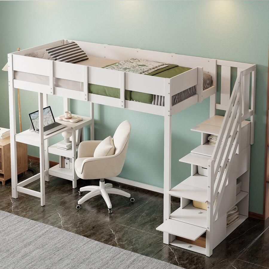 Sweiko Hoogslaper 90x200 cm met Bureau Opbergrek Grenenhout + MDF Wit