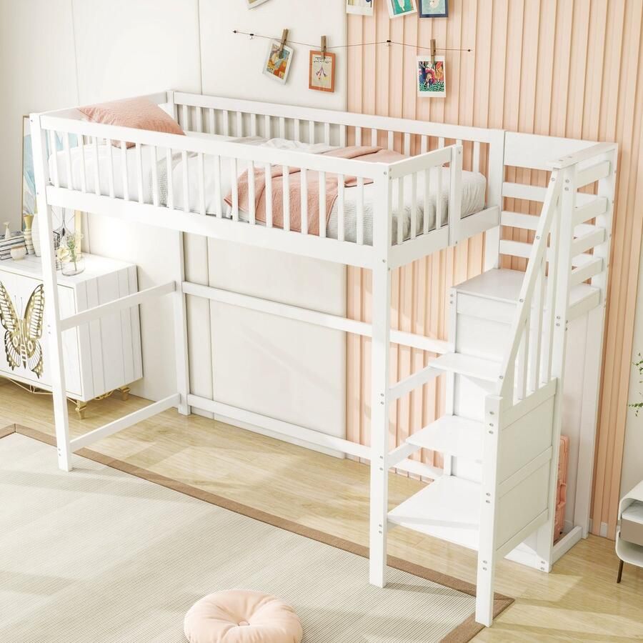 Sweiko Hoogslaper 90x200 cm Met kledingkast Houten kinderbed Wit