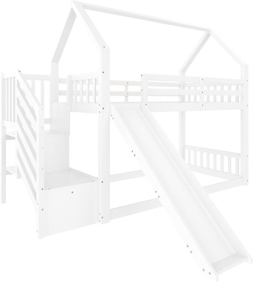 Sweiko Stapelbed met Opberg Trap en Glijbaan Huisbed Kinderbed met Reling Geschikt voor Kinderen Tieners 90x200cm Wit - Foto 2