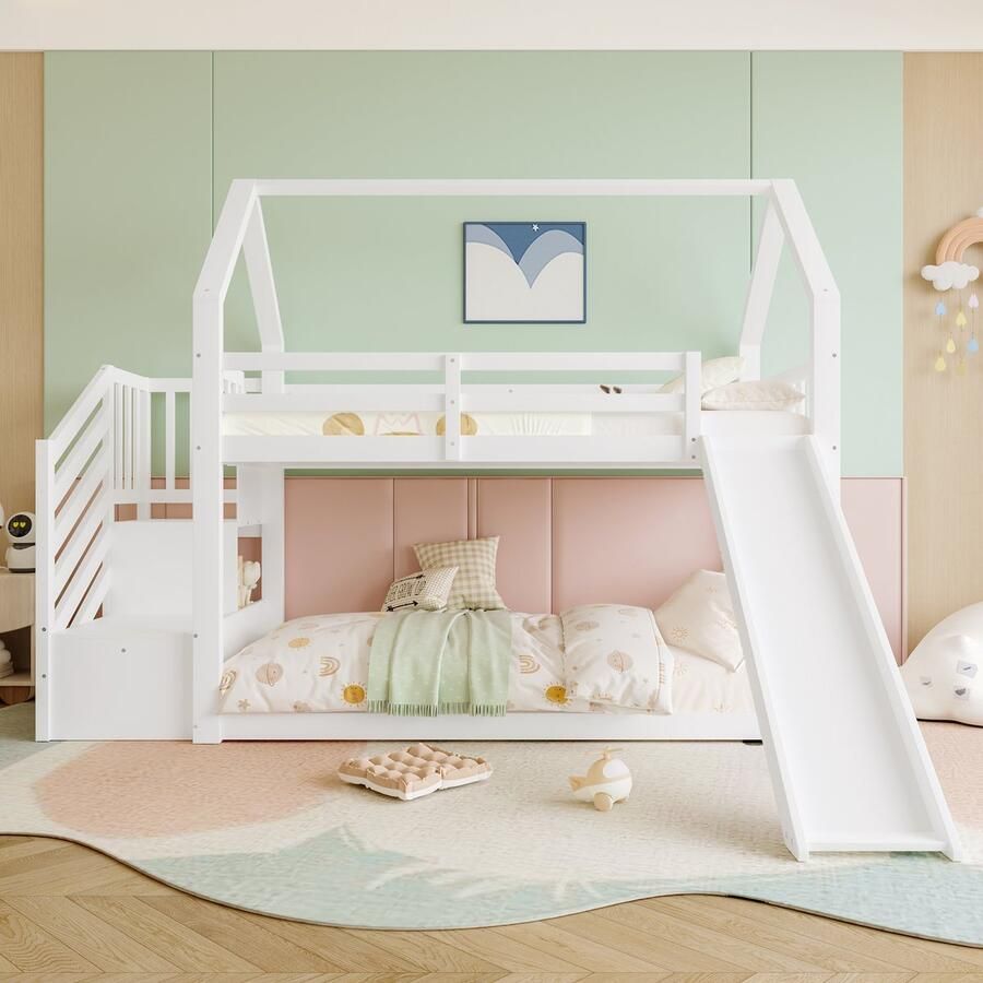 Sweiko Stapelbed met Opberg Trap en Glijbaan Huisbed Kinderbed met Reling Geschikt voor Kinderen Tieners 90x200cm Wit