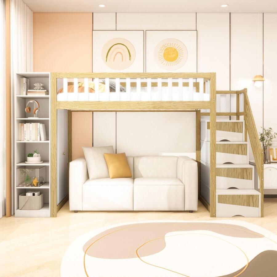 Sweiko Hoogslaper 90x200 cm Plank + opbergruimte + kledingkast Wit + naturel