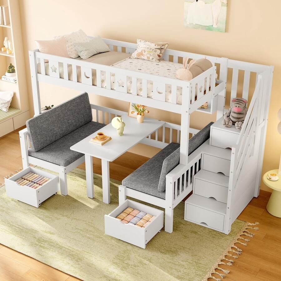 Sweiko Hoogslaper 90x200cm 2-in-1 bed + bureau Opbergruimte 2 lades Kinderbed Wit