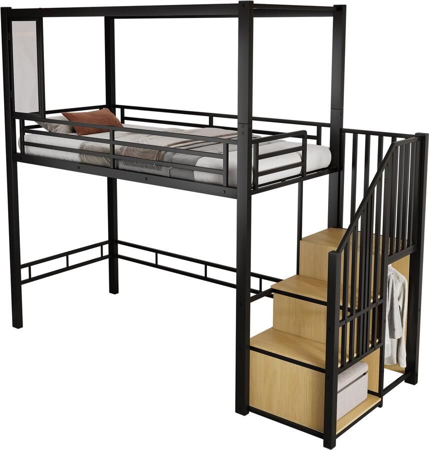 Sweiko Hoogslaper 90x200cm IJzer + MDF Opbergruimte Magnetisch acrylvenster Zwart + Naturel